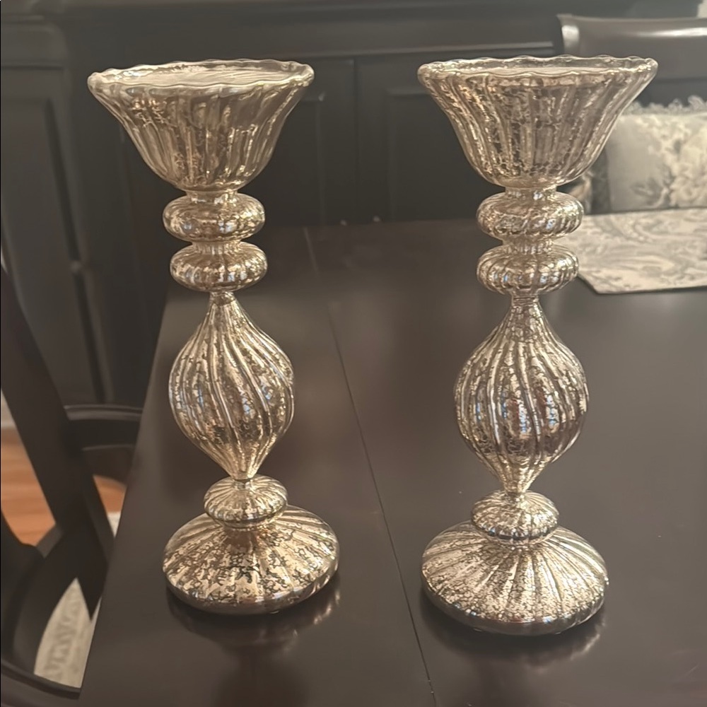 Ornate Silver Mercury Glass Candle Holders with Fluted Design